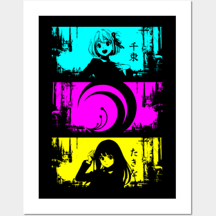 Lycoris recoil anime characters Chisato nishikigi and Takina inoue with lycoris recoil logo and their names in japan text Cyan Magenta Yellow Grunge distressed design Posters and Art